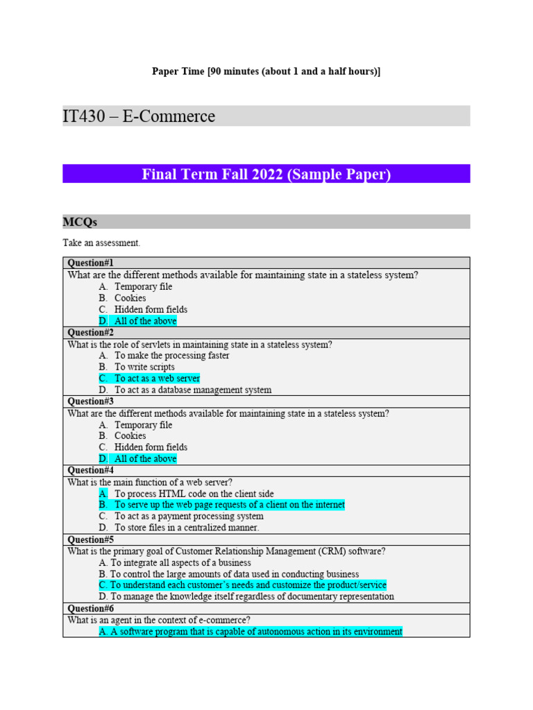 E-Commerce Final Exam Sample Questions | PDF | Transport Layer Security ...