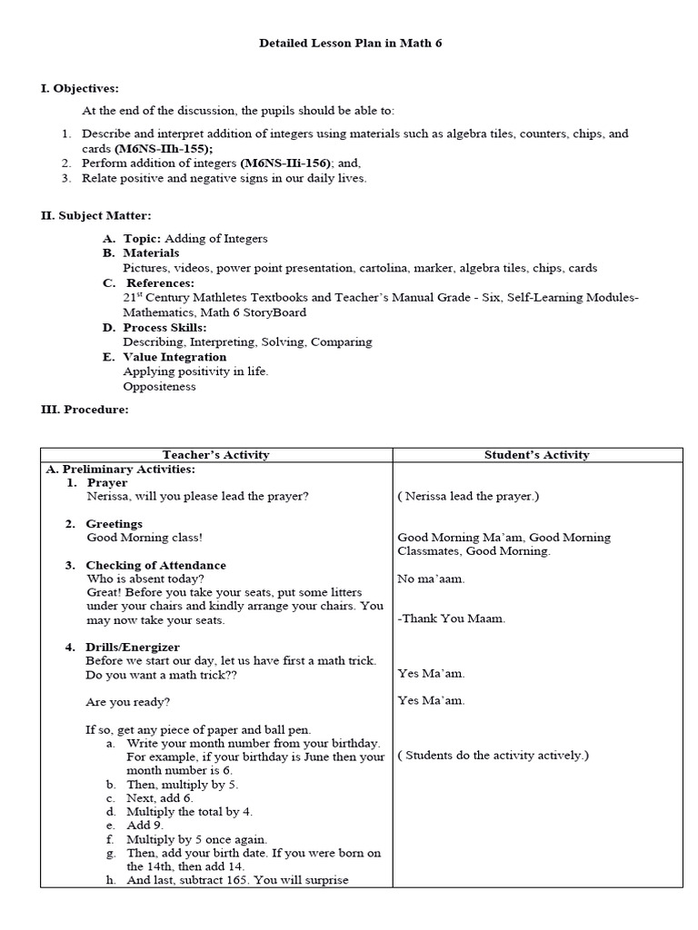 Adding Integers: Lesson Plan for Grade 6 | PDF | Mathematics | Numbers