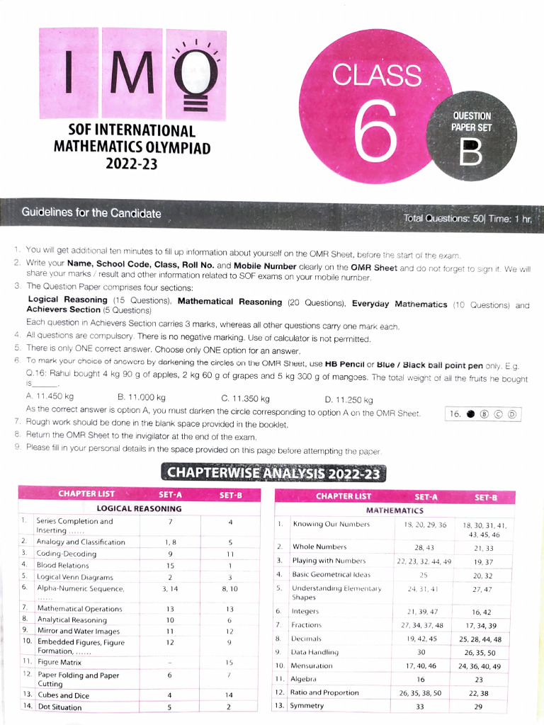 Class 6 Level 1 Imo 2022 Set B | PDF