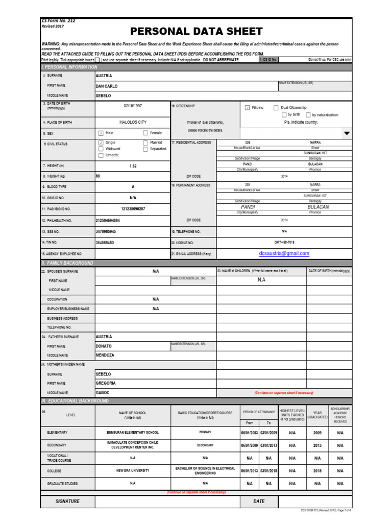CS Form No. 212 Personal Data Sheet Revised | PDF | Government | Justice