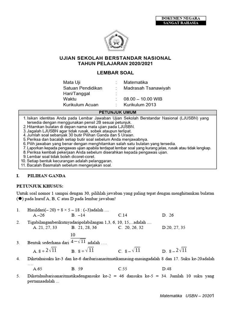 Soal Usbn MTK 20192020 | PDF