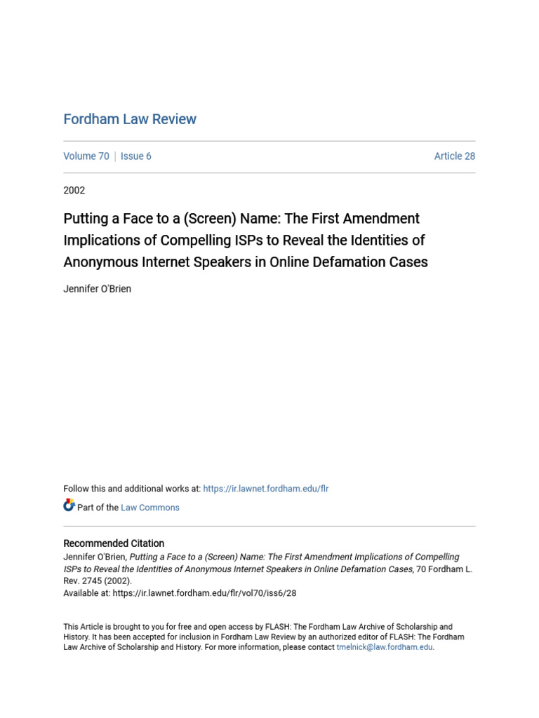 Putting A Face To A (Screen) Name | PDF | Defamation | First Amendment ...