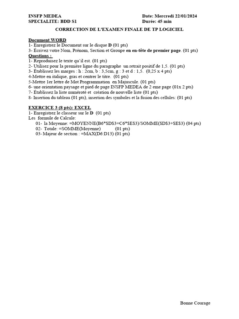 Correction Examen TP Logiciel INSFP | PDF | Microsoft Word | Microsoft ...