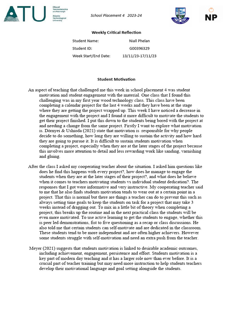 Critical Reflection Week 6 Pdf Motivational Motivation