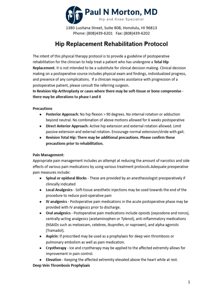 Total Hip Replacement Rehab Protocol PDF Surgery Analgesic