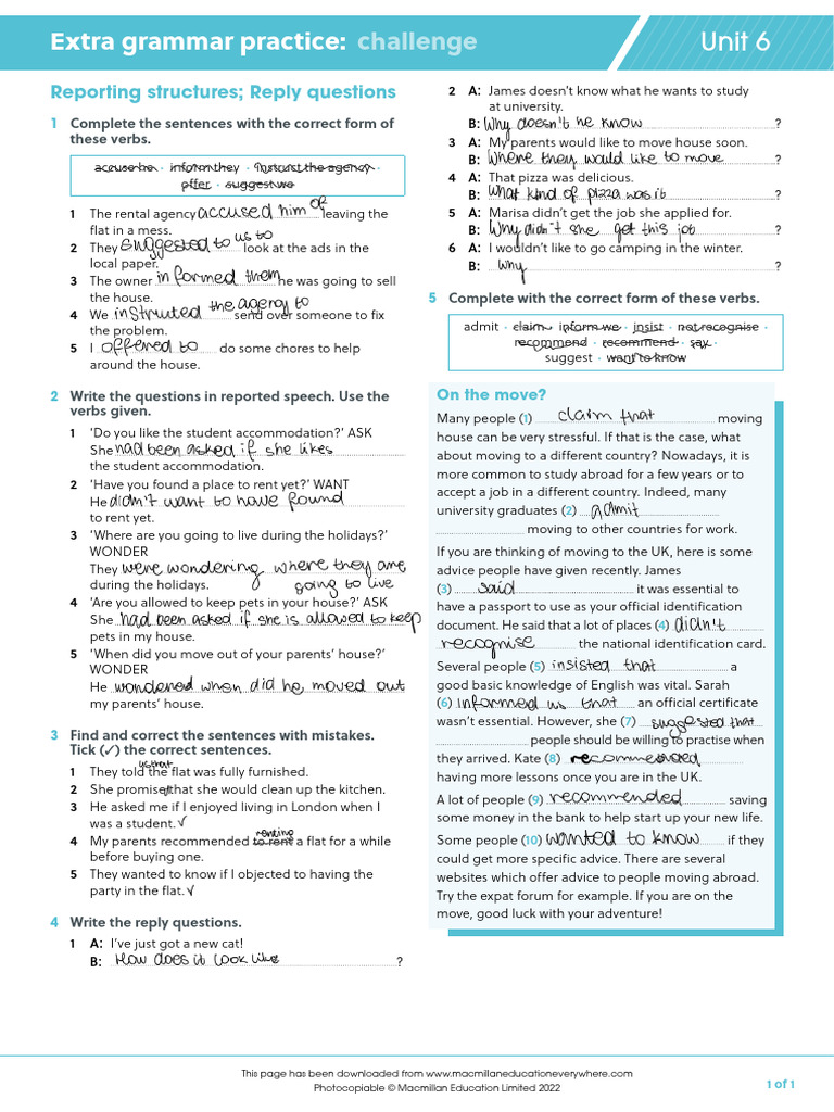 Grammar Practice: Reporting Structures | PDF | Identity Document ...