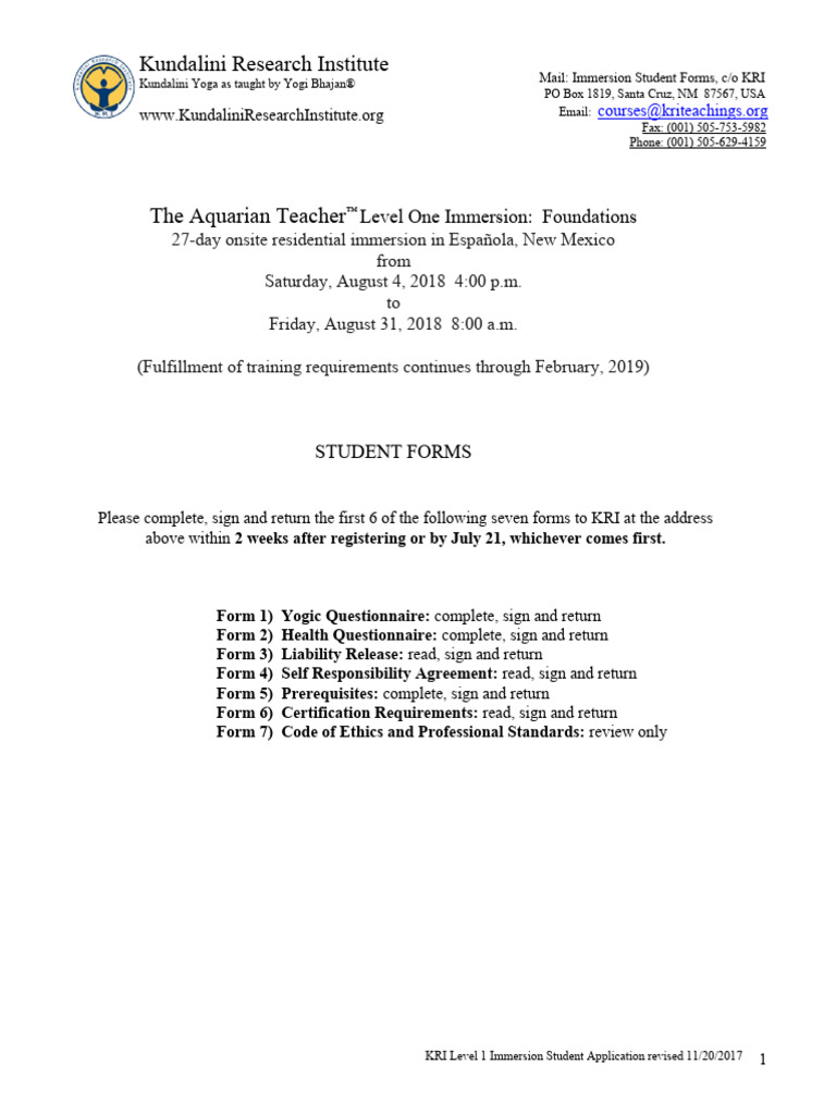 2018 immersion student forms pdf kundalini yoga