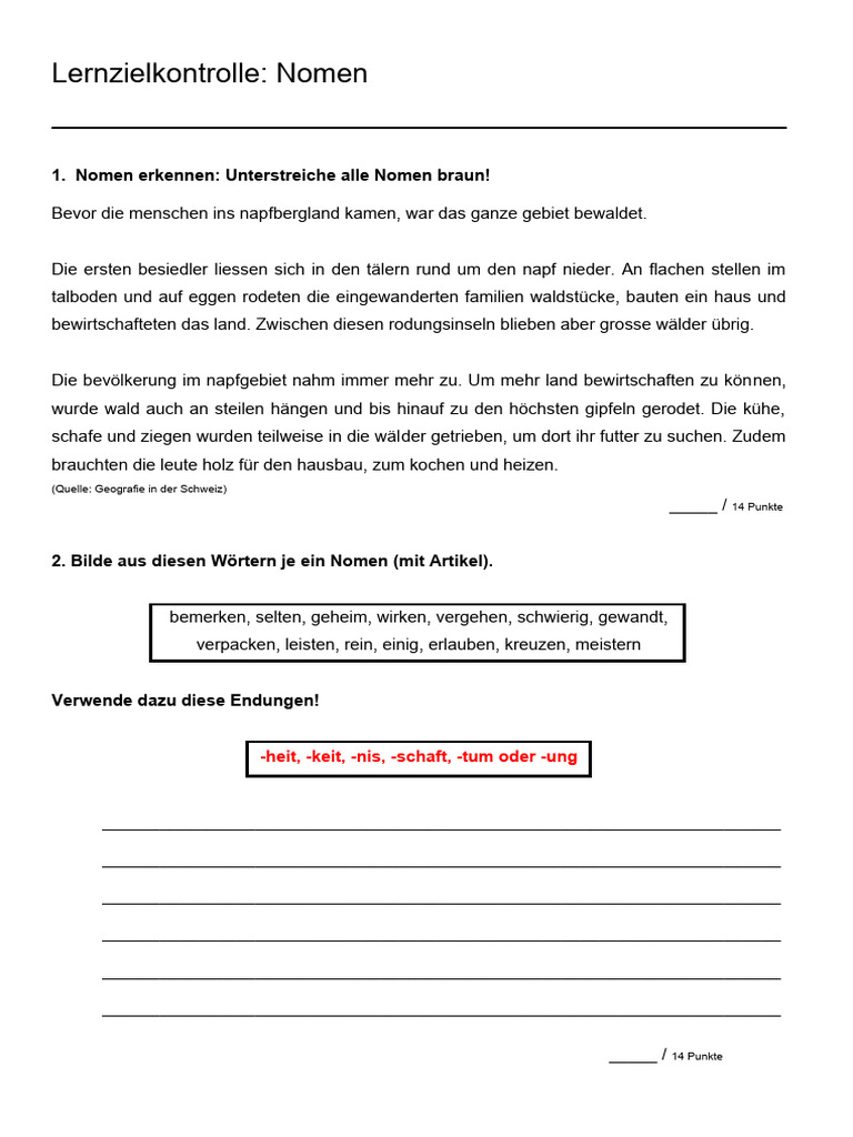 Lernzielkontrolle Nomen 6. Klasse | PDF
