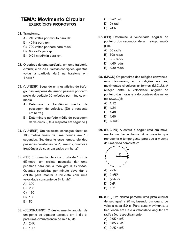 Exercícios sobre Movimento Circular Uniforme | PDF | Terra | Mecânica