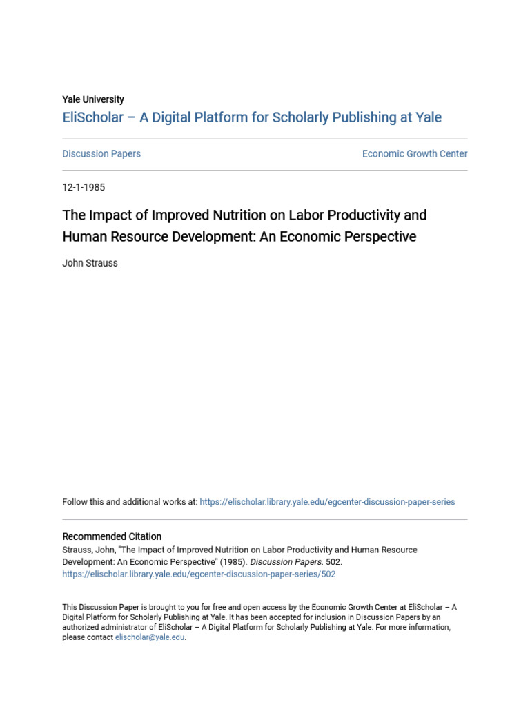 The Impact of Improved Nutrition On Labor Productivity and Human | PDF ...