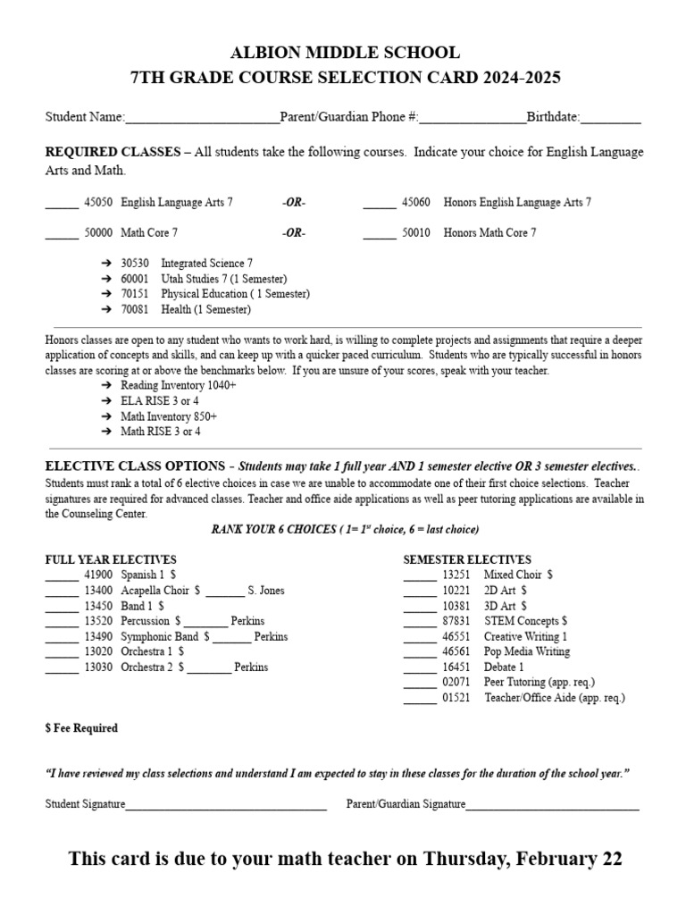 7th Grade Course Selection 2024-25 | PDF