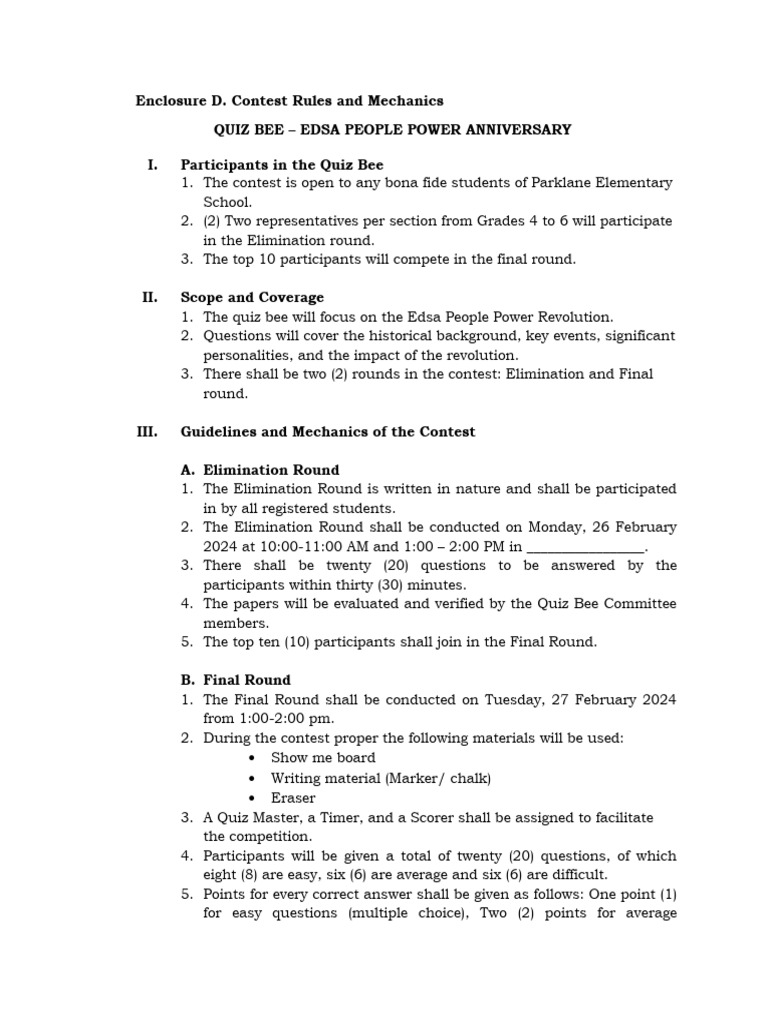 Quiz Bee Guidelines for EDSA Revolution | PDF | Sports & Recreation ...