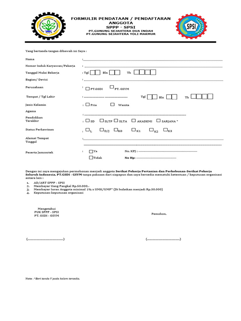 Formulir Pendaftaran Anggota SPPP-SPSI | PDF