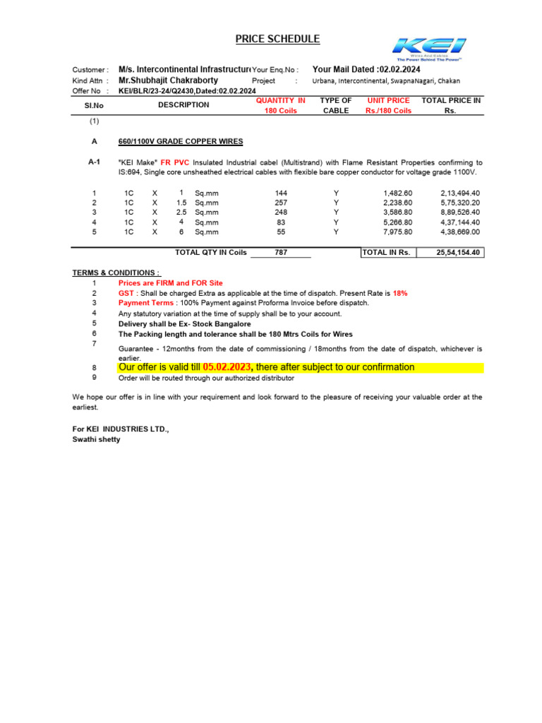 Quotation for Intercontinental Infrastructure | PDF | Electrical Wiring ...