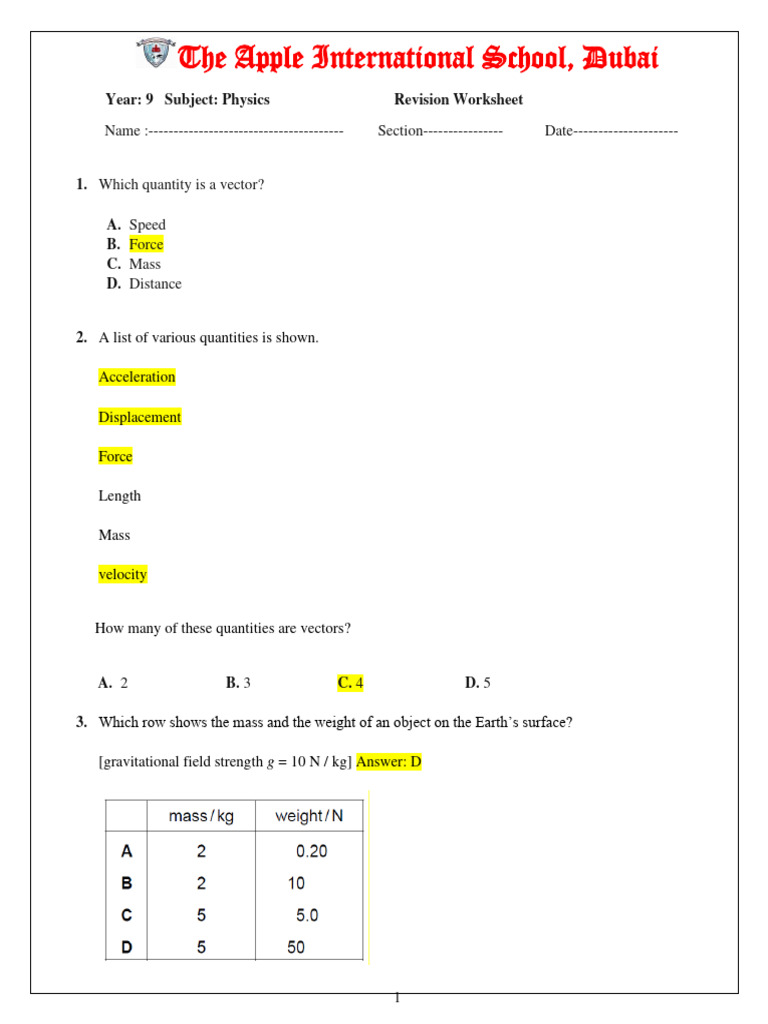 MS Revision Worksheet 2 | PDF | Force | Mass