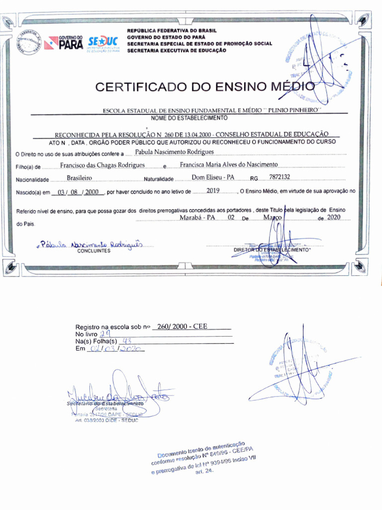 Certificado de Conclusão do Ensino Médio | PDF