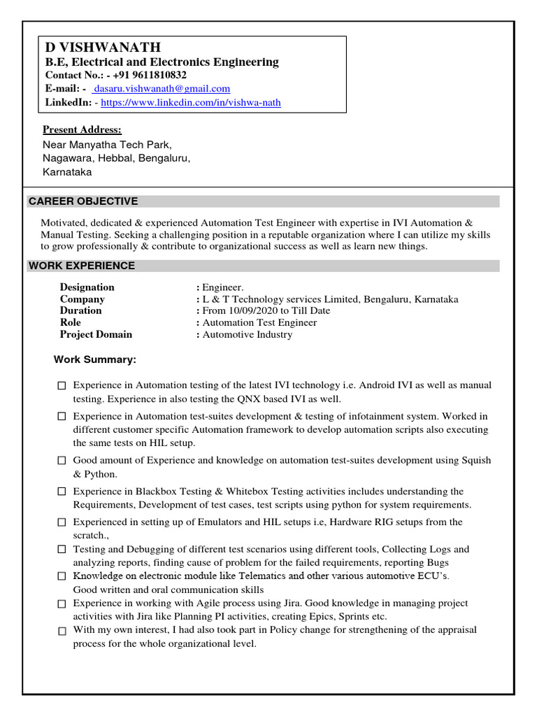 Automation Test Engineer Resume | PDF | Automation | Computing