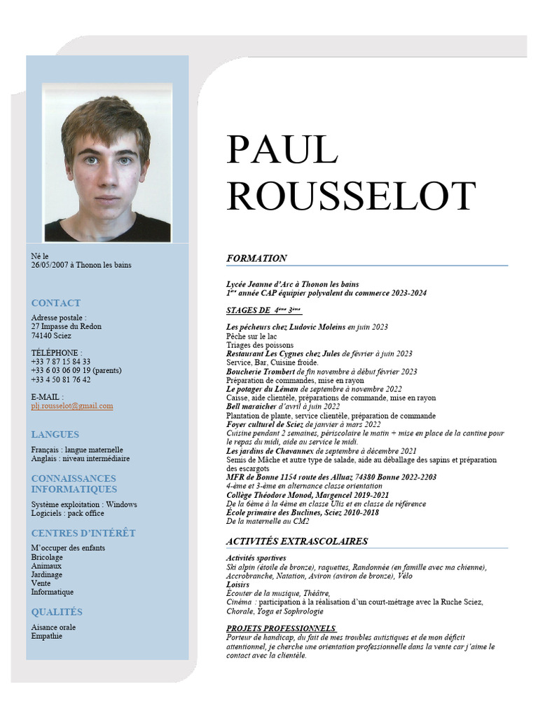 CV de Paul Rousselot - Équipier Polyvalent | PDF