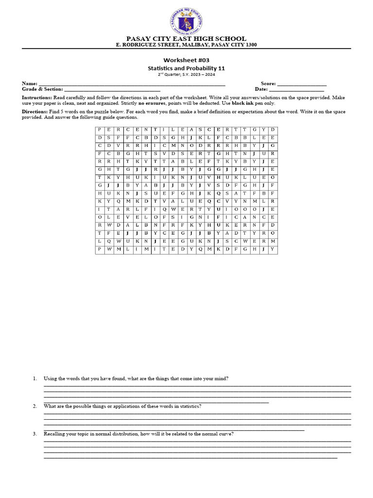 Statistics and Probability Worksheet 11 | PDF