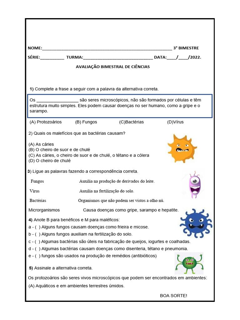 Avaliação de Ciências: Microrganismos 4º Ano | PDF