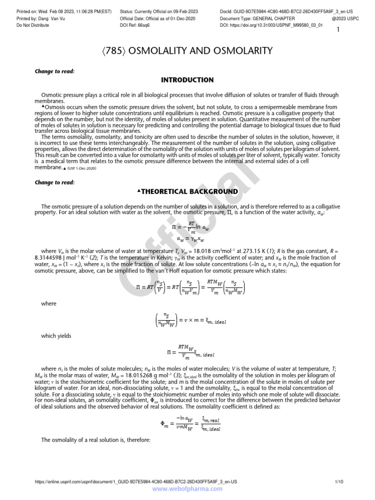 〈785〉 Osmolality and Osmolarity | PDF | Osmosis | Melting Point