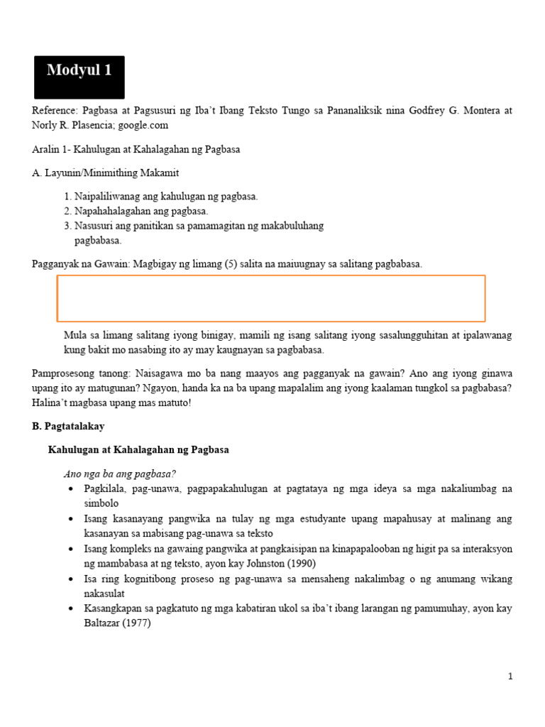 Modyul 1 Pagbasa Pdf