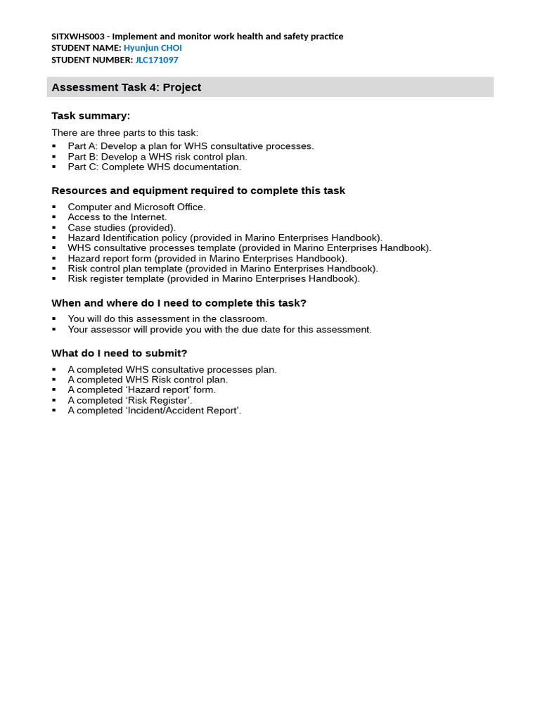SITXWHS003 Task4 | PDF | Risk | Occupational Safety And Health