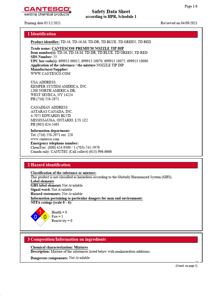 SDS Cantesco Premium Nozzle Tip Dip en PDF Working Conditions
