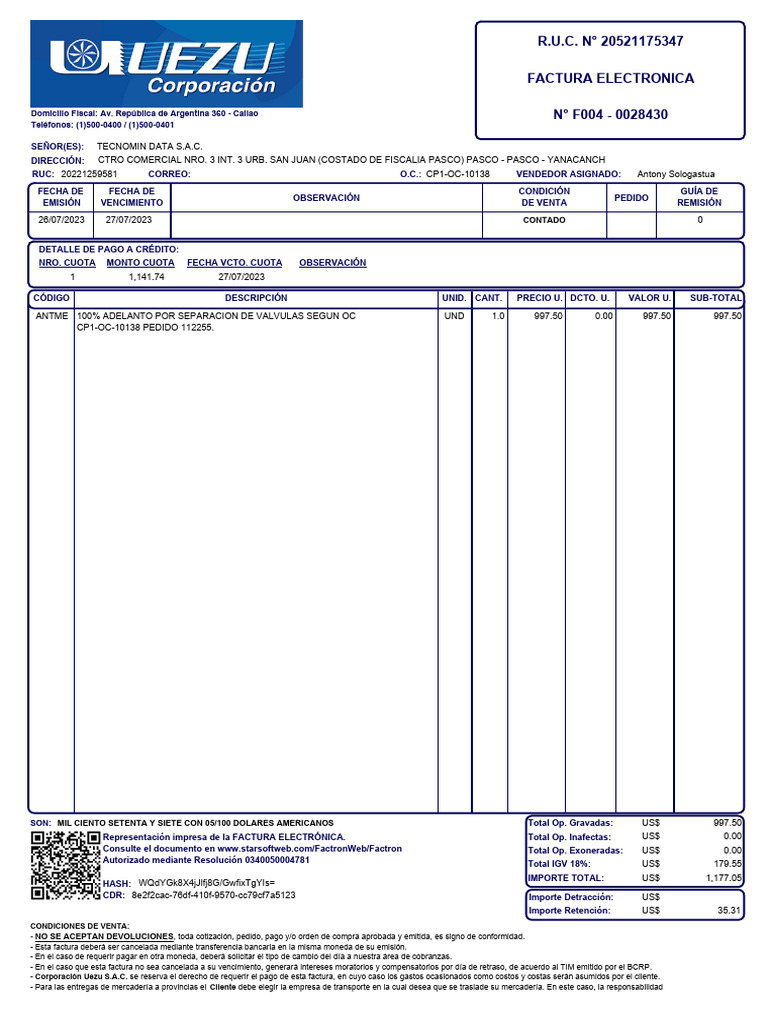 Factura Electrónica Corporación Uezu S.A.C. | PDF | Business | Dinero