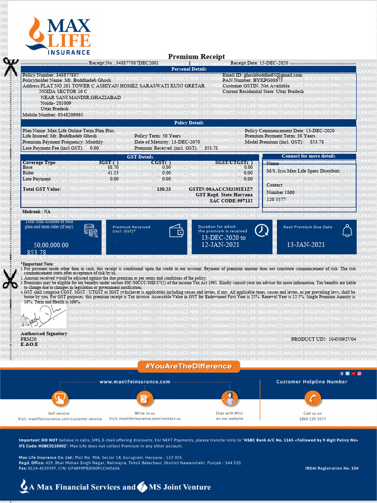 Premium Receipt: ' 50,00,000.00 ' 853.78 13-DEC-2020 To 12-JAN-2021 13 ...