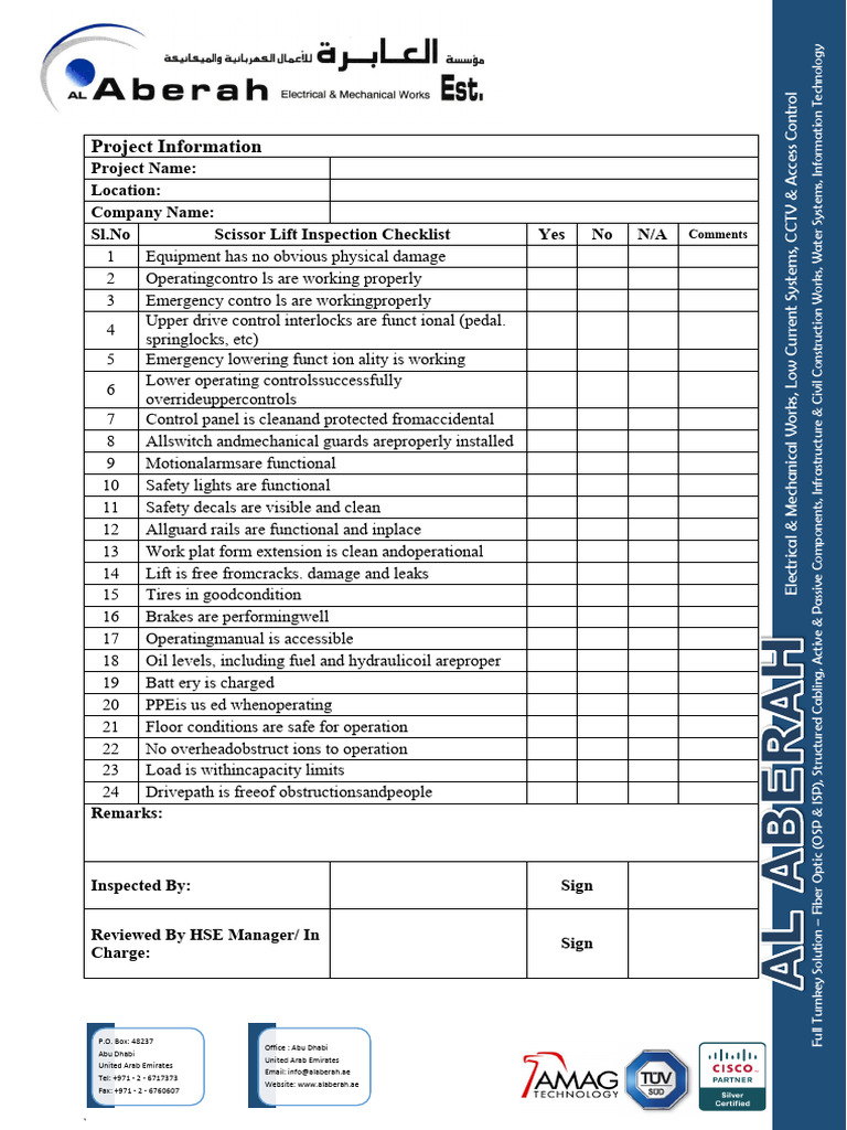 Scissor Lift Inspection Checklist PDF Transport Vehicles