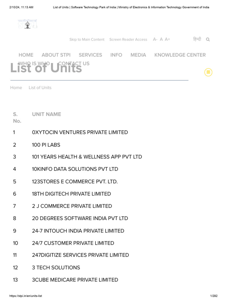 List of units software technology park of india ministry of