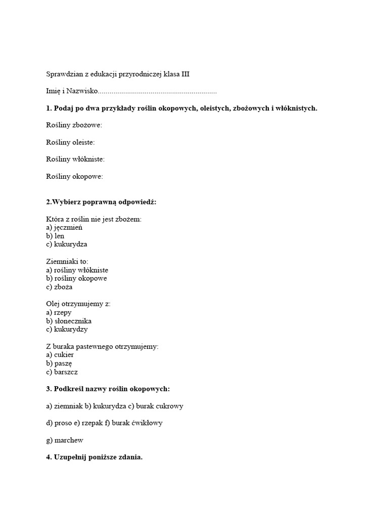 Sprawdzian Z Edukacji Polonistycznej Klasa 1 Nowa Era Sprawdzian Z Edukacji Przyrodniczej Klasa III | PDF
