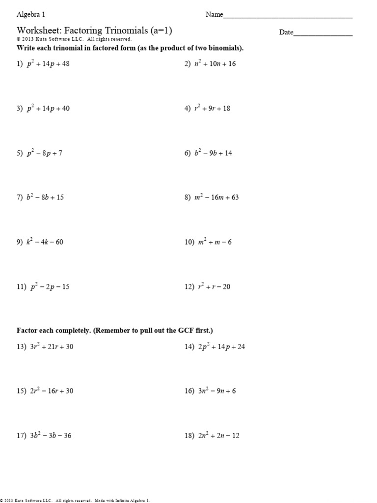 Factoring Trinomials (a=1) Worksheet | PDF | Algebra