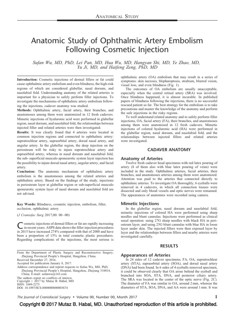 Anatomic Study of Ophthalmic Artery Embolism Following Cosmetic ...
