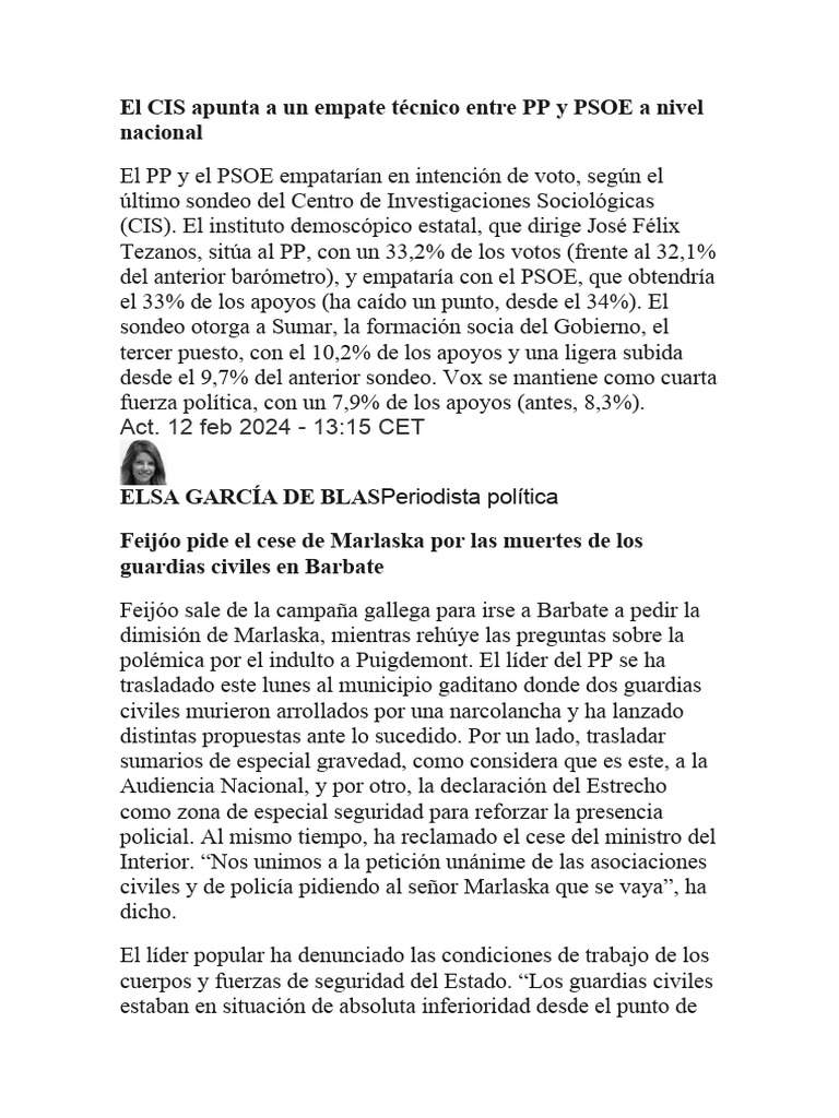 El CIS Apunta A Un Empate Técnico Entre PP y PSOE A Nivel Nacional ...