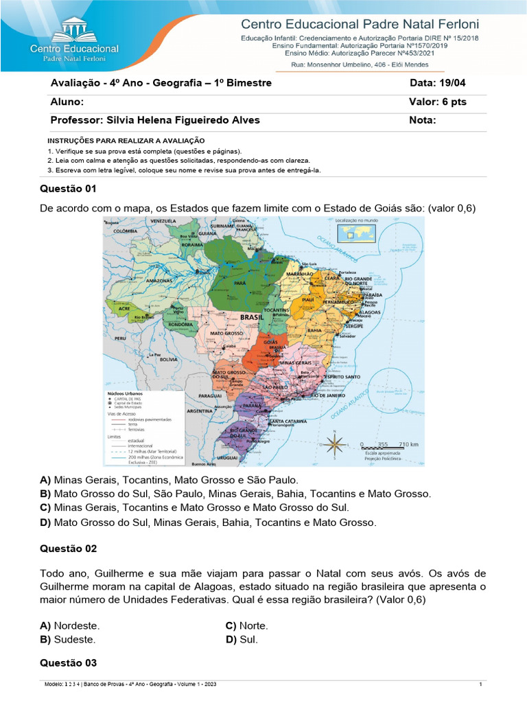 Avaliação de Geografia - 4º Ano - 1º Bimestre | PDF | Brasil