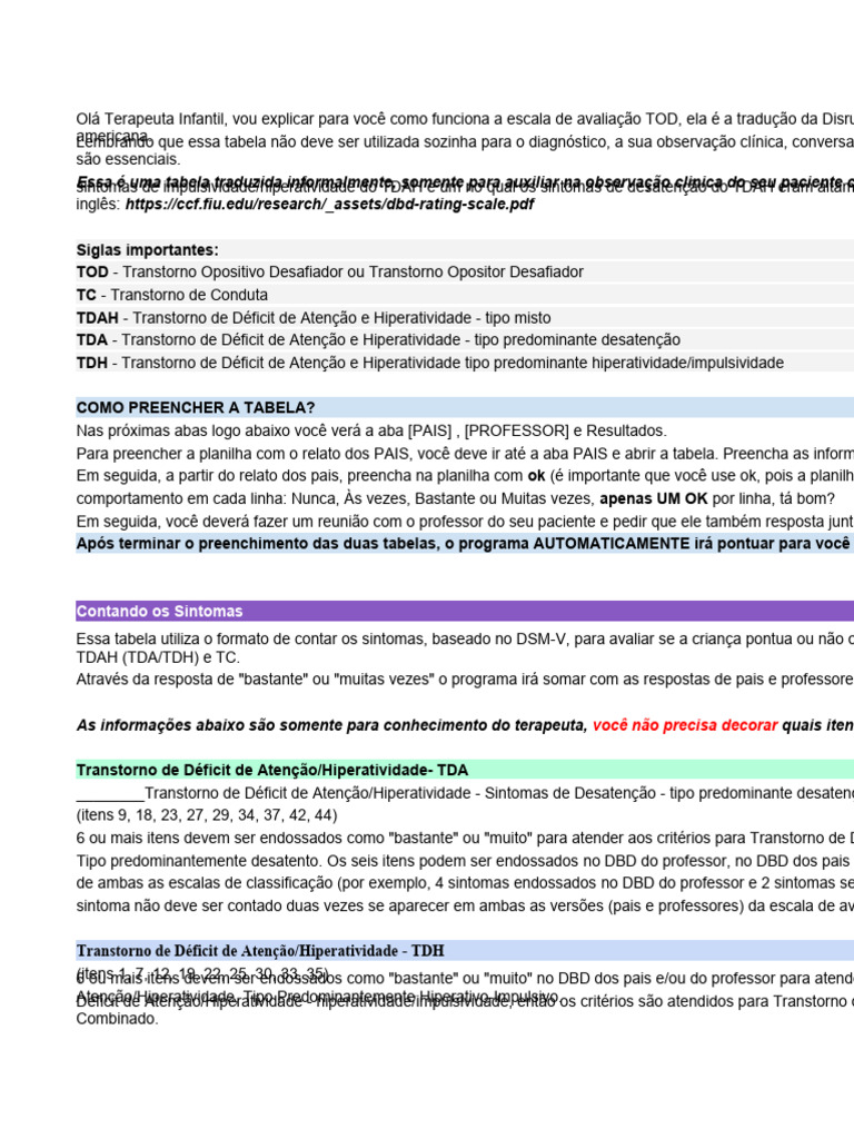 Escala de Avaliação do TOD | PDF | Transtorno de déficit de atenção e ...