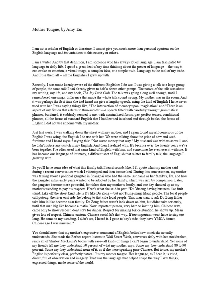 Mother Tongue - Amy Tan | PDF