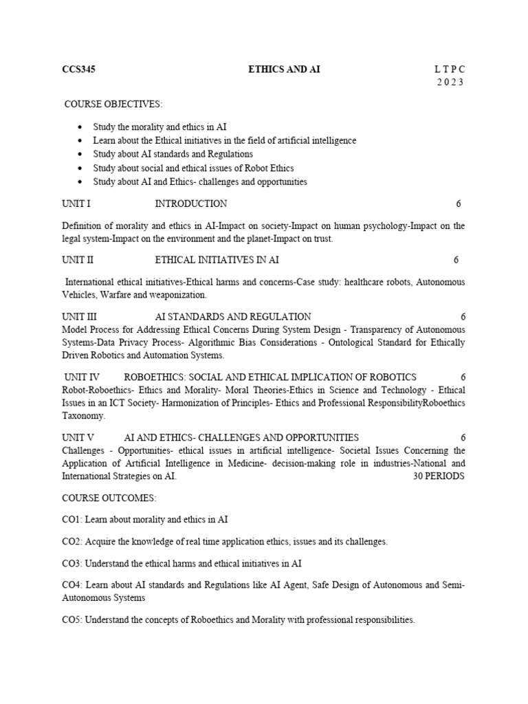 CCS345: Ethics in AI Syllabus | PDF | Artificial Intelligence ...