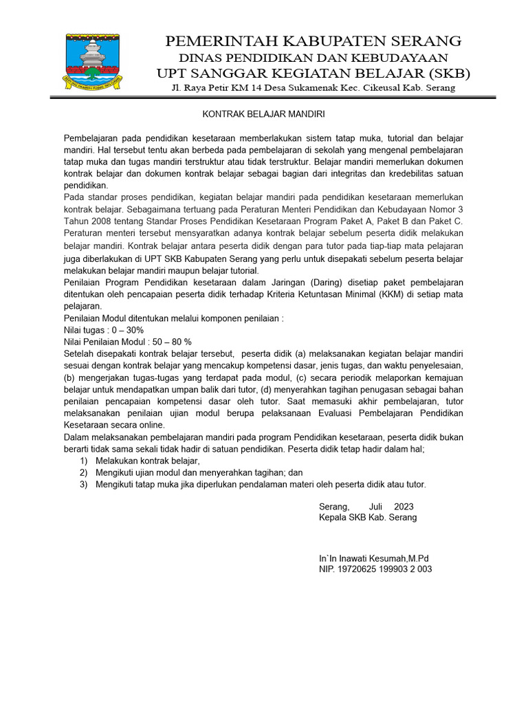 Kontrak Belajar Mandiri Pendidikan Kesetaraan | PDF