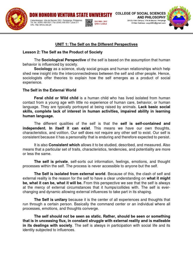 LESSON 2 - Self As A Product of Society | PDF | Id | Self Concept