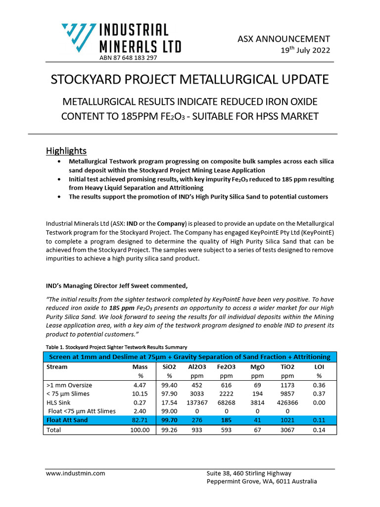 Stockyard Project Metallurgical Update 2736451 | PDF | Silicon Dioxide ...