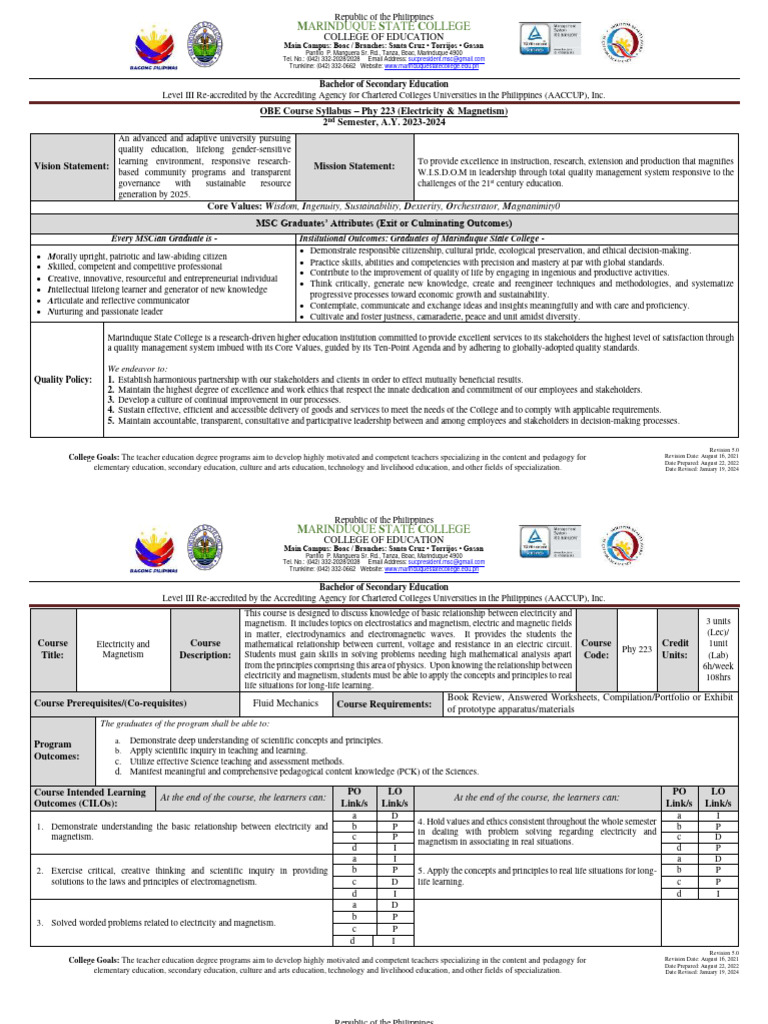 1electromag OBE Syllabus 2nd Sem AY 2023 2024 | PDF | Series And ...