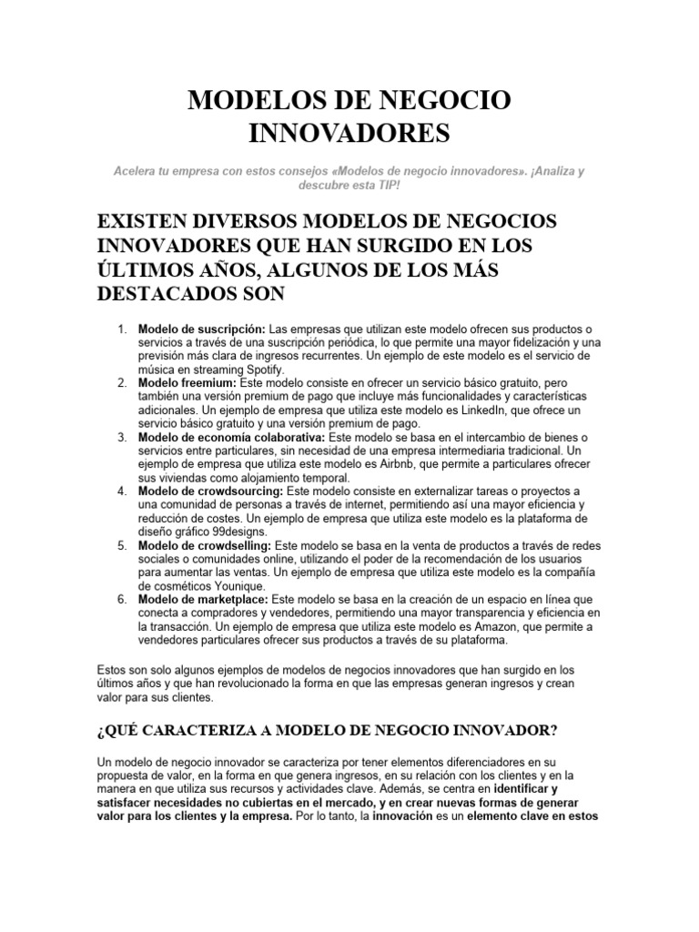 Modelos de Negocio Innovadores | PDF | Modelo de negocio | Business