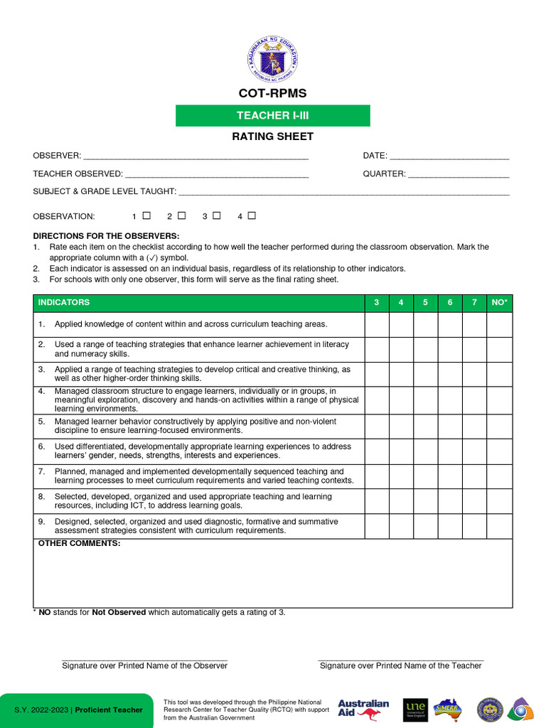 (Appendix C-02) COT-RPMS Rating Sheet For T I-III For SY 2022-2023 ...