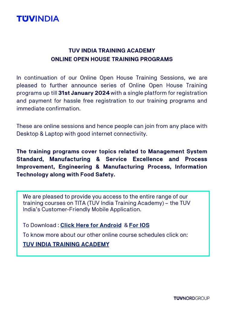 TUV India Online Training Calendar Uptill Jan'24 PDF