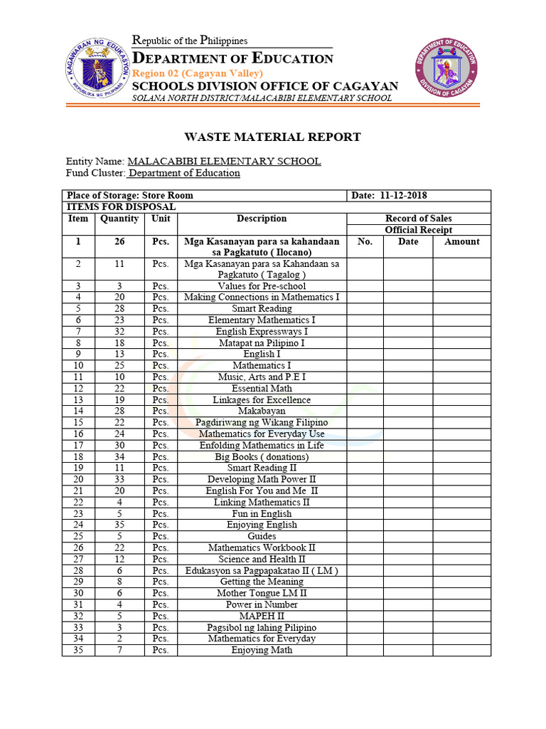Waste Material Report for Disposal | PDF | Philippines