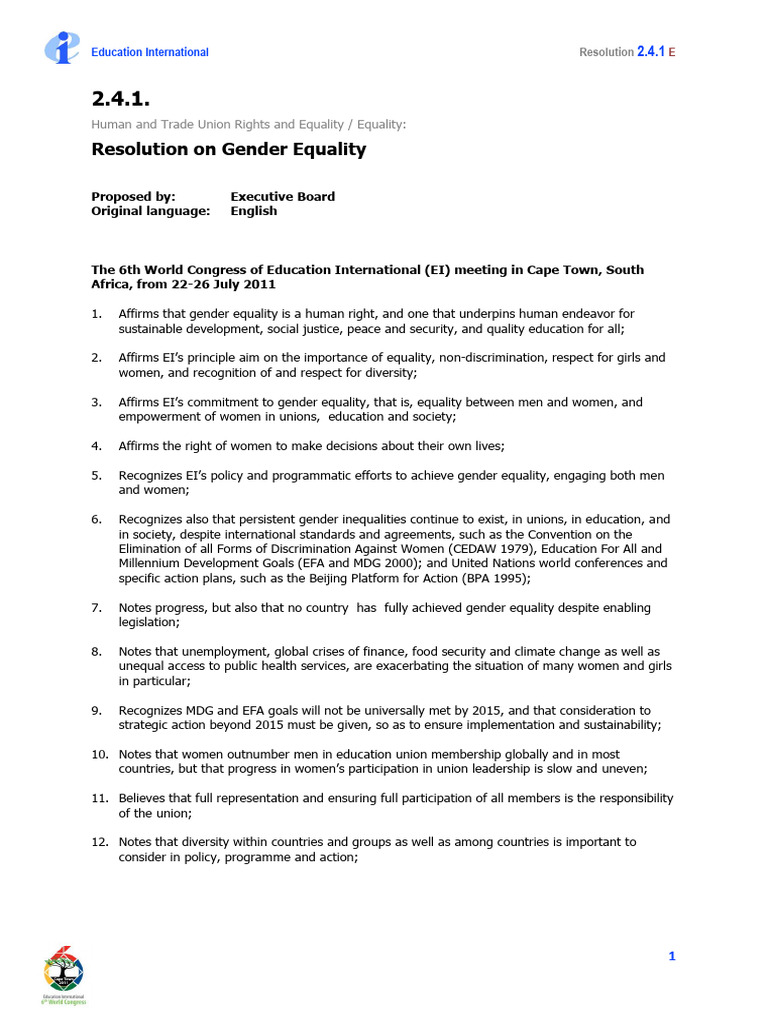 Gender Equality Resolution FINAL Post-Congress en | PDF | Gender ...