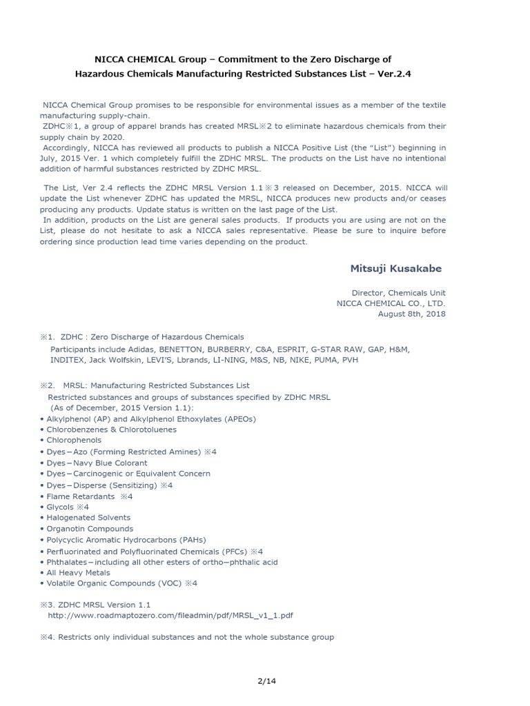 Nicca Chemicals Positive List Ver2.4 20180808 PDF Chemistry
